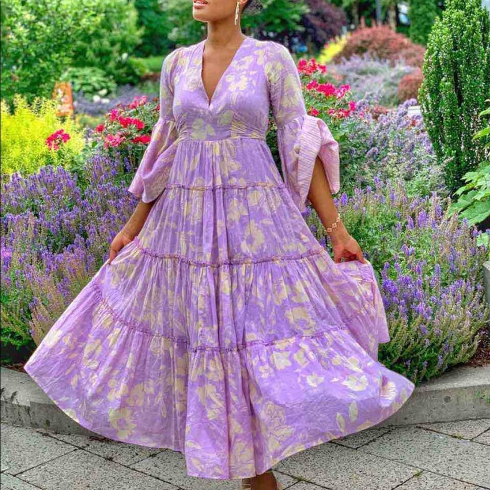 Free People XS purple floral tier ruffle dress